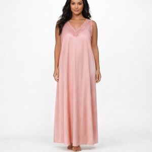 Vintage Sans Souci Lingerie Pink Lace Trim Maxi Nightgown Sleepwear Size M USA